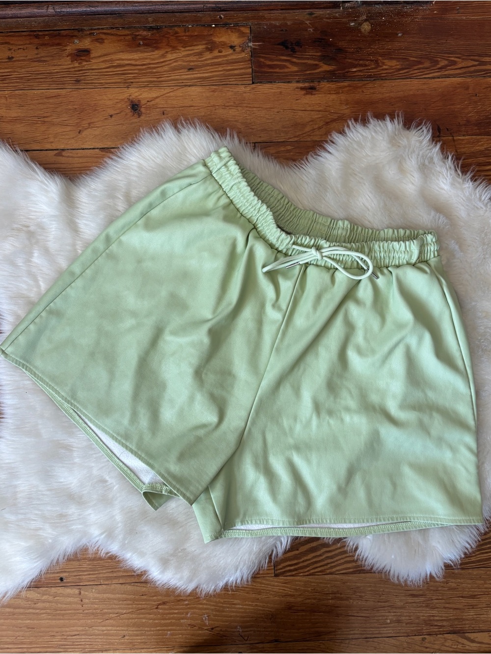 Pastel Green Faux Leather Drawstring Waist Shorts